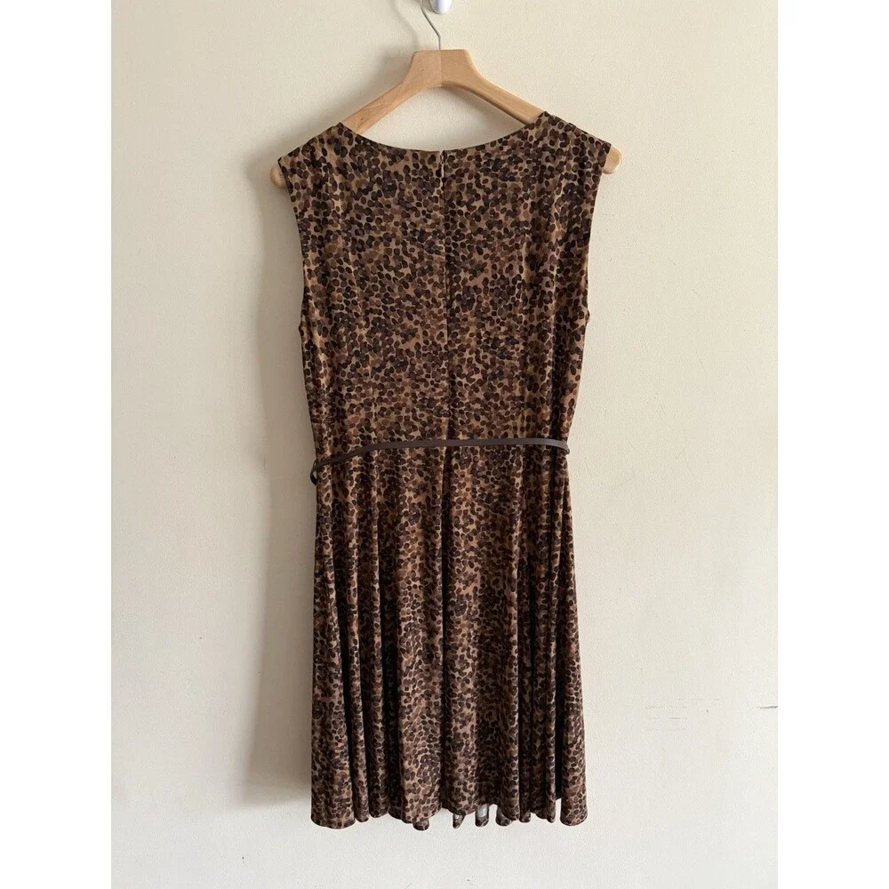 Jessica Howard Dress 12 Belt Midi Brown Leopard Print Sleeveless Back Zip Career